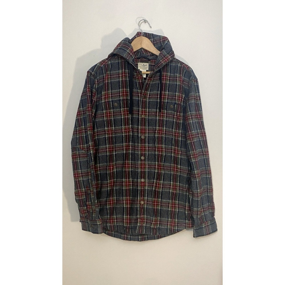 L.L.Bean Shacket Men's Medium Scotch Plaid Flannel Hooded Grey Slightly Fitted